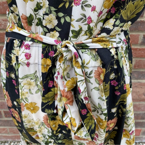 MNG Size L Floral Print Vintage Look Midi Maxi Dress Stripe Button Up Waist Belt - Picture 8 of 11